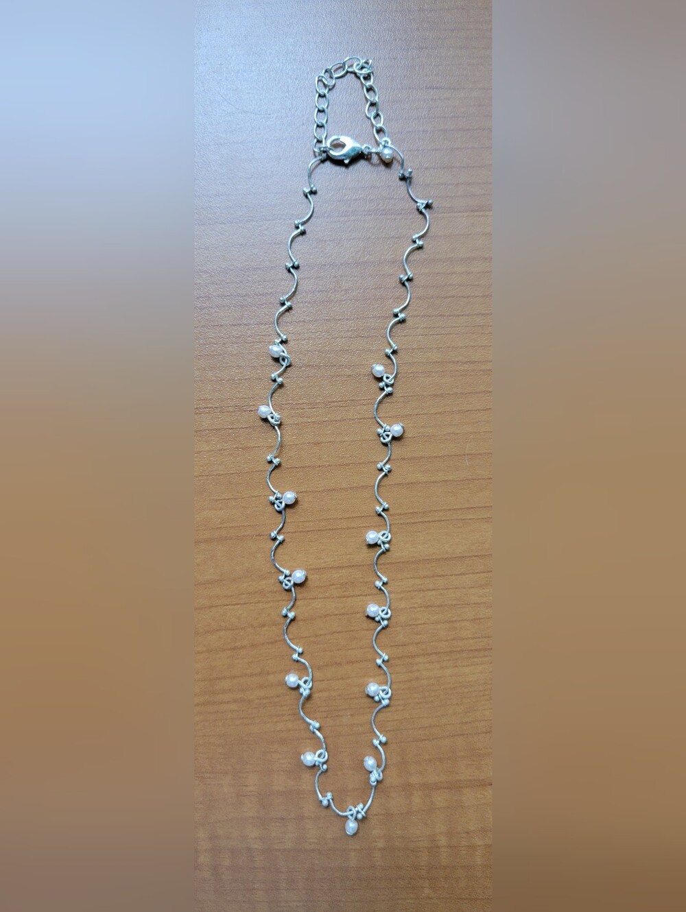 Silver-Tone Wavy Wire Pearl Station Necklace Bridal Style